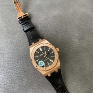 Audemars Piguet Royal Oak 41mm 15400OR – Oro Rosa con Esfera Negra y Correa de Cuero Réplica con Movimiento 3120